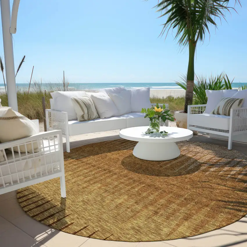 8' Copper Beige And Brown Round Striped Washable Indoor Outdoor Area Rug Photo 6