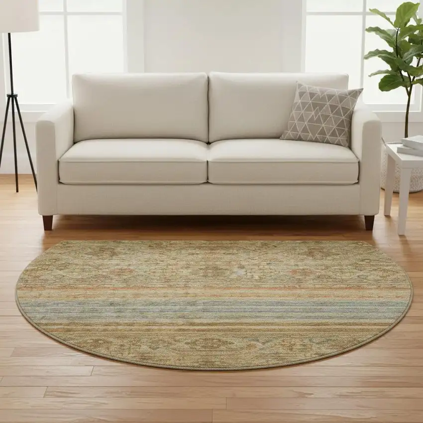 8' Copper Beige And Brown Striped Washable Round Rug With UV Protection Photo 2