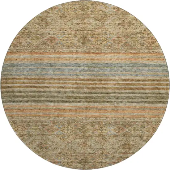 8' Copper Beige And Brown Striped Washable Round Rug With UV Protection Photo 1