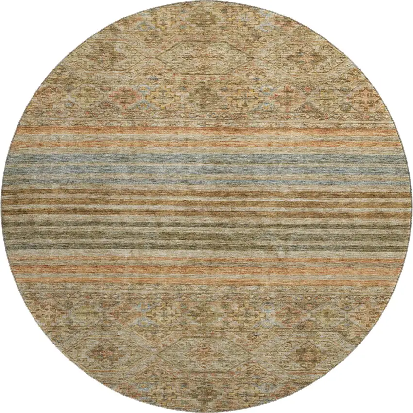 8' Copper Beige And Brown Striped Washable Round Rug With UV Protection Photo 1