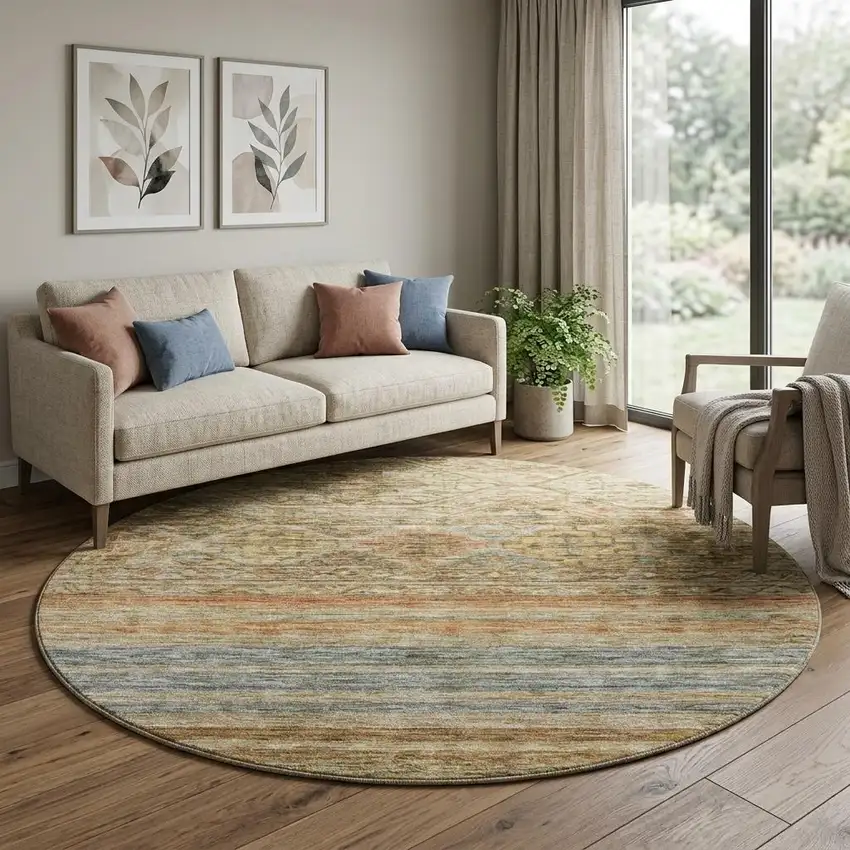 8' Copper Beige And Brown Striped Washable Round Rug With UV Protection Photo 1
