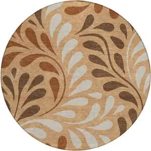 Photo of 8' Copper Beige And Chocolate Round Botanical Leaves Washable Indoor Outdoor Area Rug