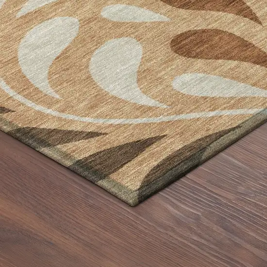 8' Copper Beige And Chocolate Round Botanical Leaves Washable Indoor Outdoor Area Rug Photo 8