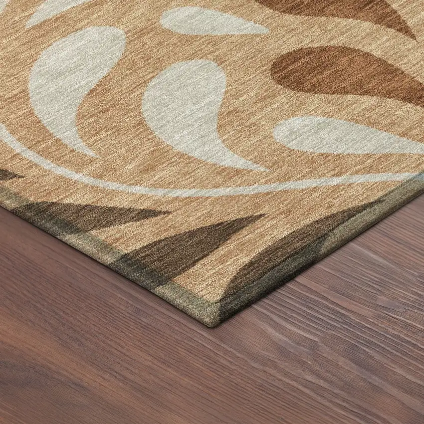 8' Copper Beige And Chocolate Round Botanical Leaves Washable Indoor Outdoor Area Rug Photo 8