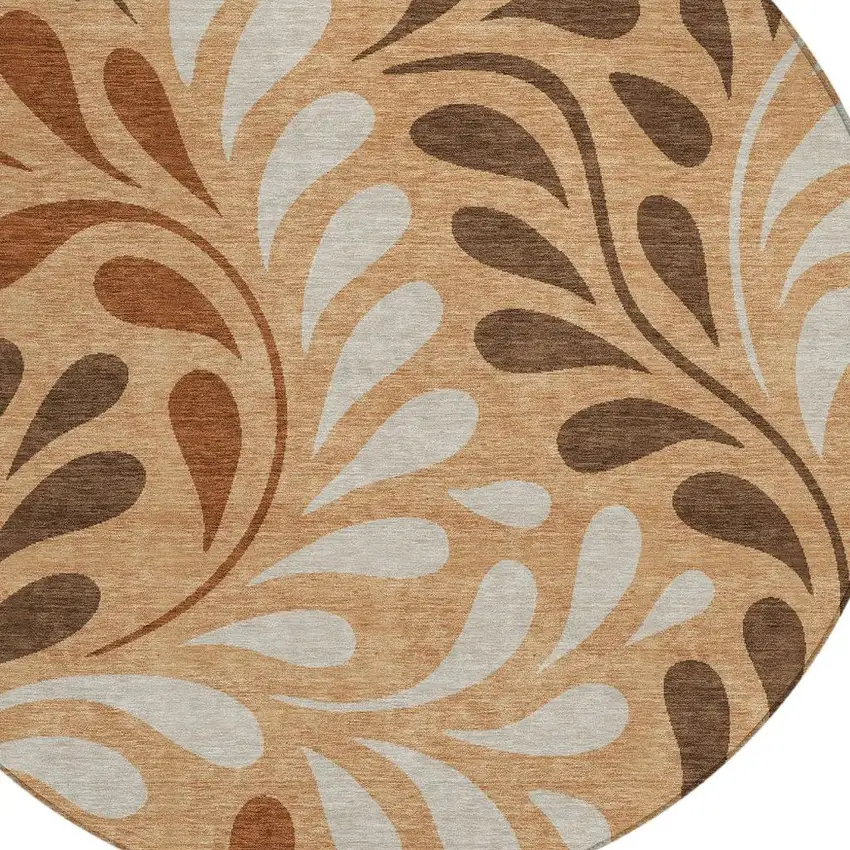 8' Copper Beige And Chocolate Round Botanical Leaves Washable Indoor Outdoor Area Rug Photo 2