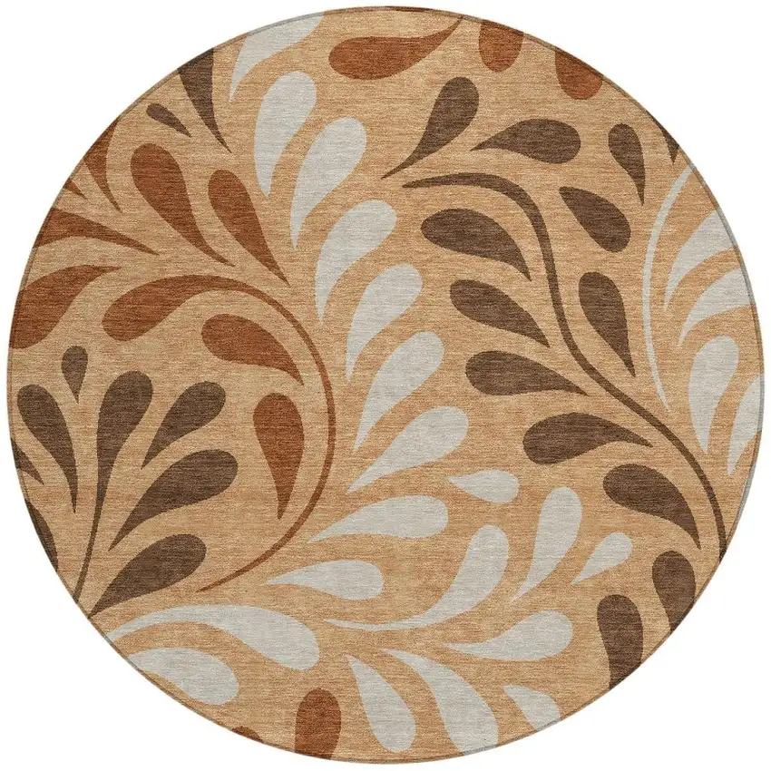 8' Copper Beige And Chocolate Round Botanical Leaves Washable Indoor Outdoor Area Rug Photo 3