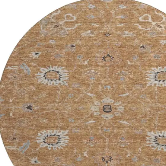 8' Copper Beige And Denim Blue Floral Washable Round Rug With UV Protection Photo 2