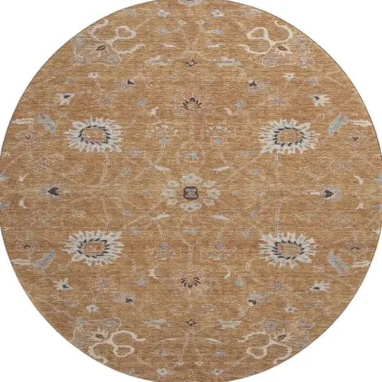 8' Copper Beige And Denim Blue Floral Washable Round Rug With UV Protection Photo 3