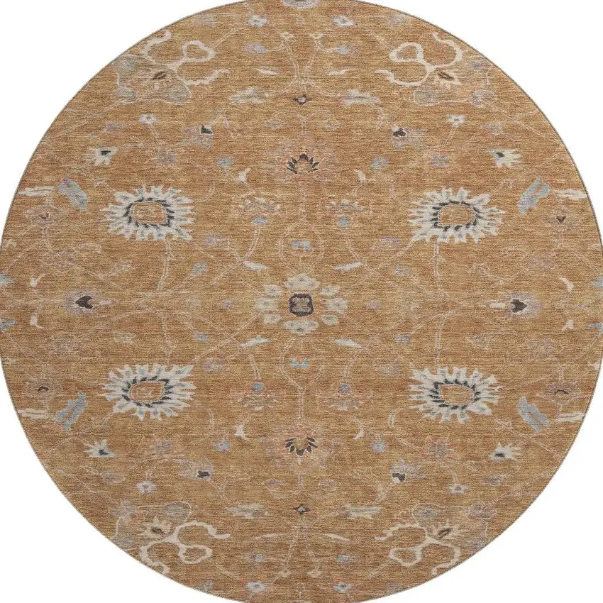 8' Copper Beige And Denim Blue Floral Washable Round Rug With UV Protection Photo 3
