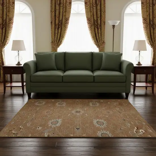 8' Copper Beige And Denim Blue Floral Washable Round Rug With UV Protection Photo 2