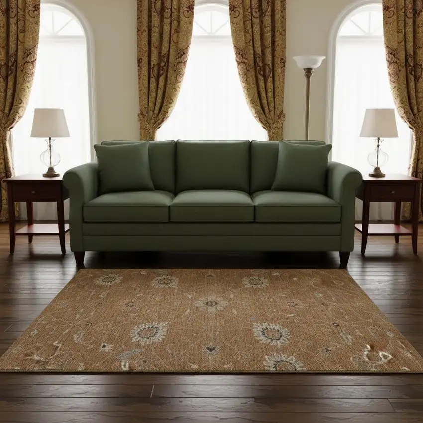 8' Copper Beige And Denim Blue Floral Washable Round Rug With UV Protection Photo 2