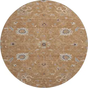 Photo of 8' Copper Beige And Denim Blue Floral Washable Round Rug With UV Protection