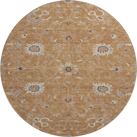 8' Copper Beige And Denim Blue Floral Washable Round Rug With UV Protection Photo 1