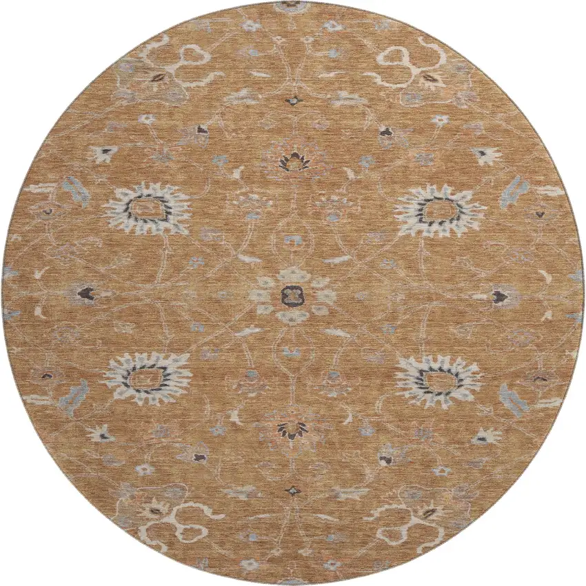 8' Copper Beige And Denim Blue Floral Washable Round Rug With UV Protection Photo 1