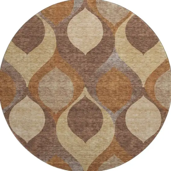 8' Copper Beige And Gold Ogee Washable Round Rug With UV Protection Photo 4