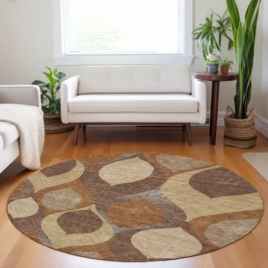 8' Copper Beige And Gold Ogee Washable Round Rug With UV Protection Photo 5