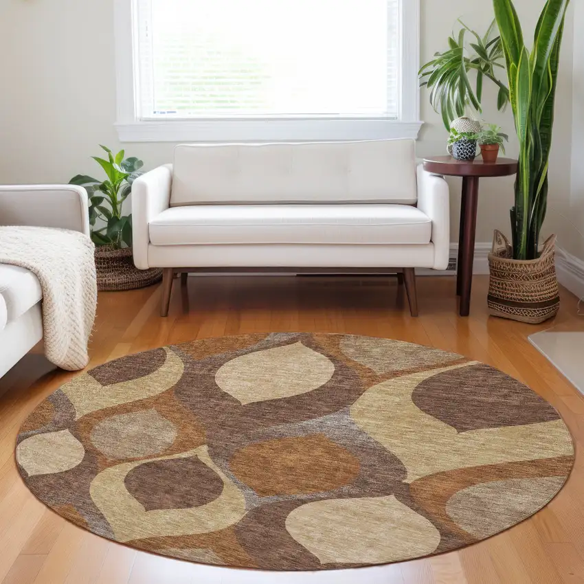 8' Copper Beige And Gold Ogee Washable Round Rug With UV Protection Photo 5