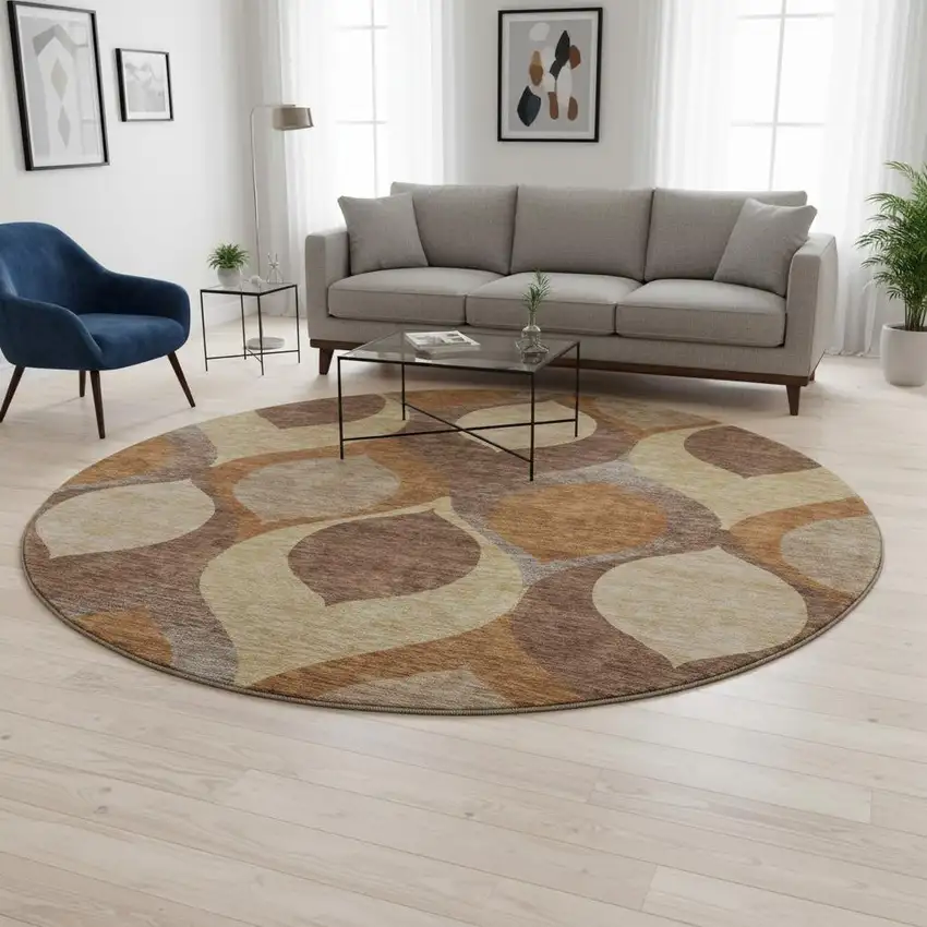 8' Copper Beige And Gold Ogee Washable Round Rug With UV Protection Photo 2