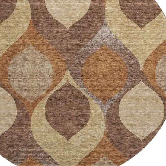 8' Copper Beige And Gold Ogee Washable Round Rug With UV Protection Photo 3