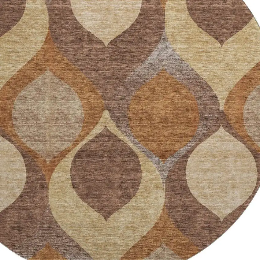8' Copper Beige And Gold Ogee Washable Round Rug With UV Protection Photo 3