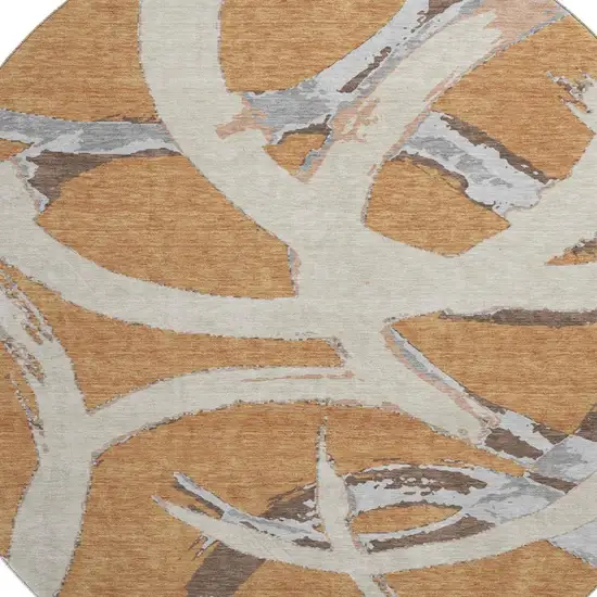 8' Copper Beige And Gray Abstract Washable Round Rug With UV Protection Photo 2