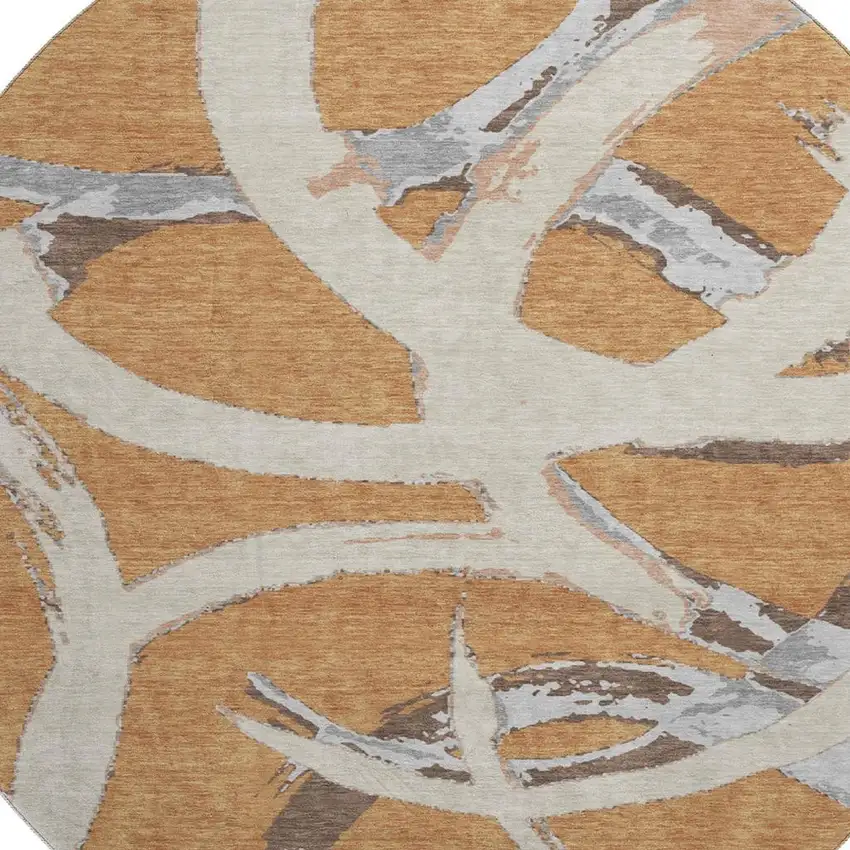 8' Copper Beige And Gray Abstract Washable Round Rug With UV Protection Photo 2