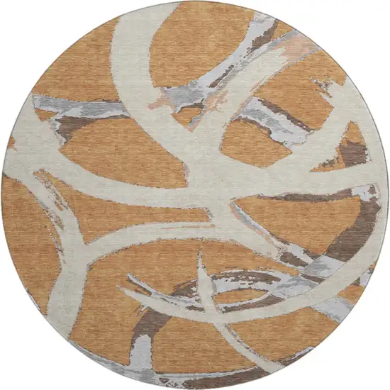 8' Copper Beige And Gray Abstract Washable Round Rug With UV Protection Photo 1