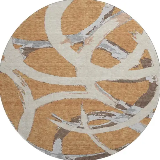 8' Copper Beige And Gray Abstract Washable Round Rug With UV Protection Photo 3