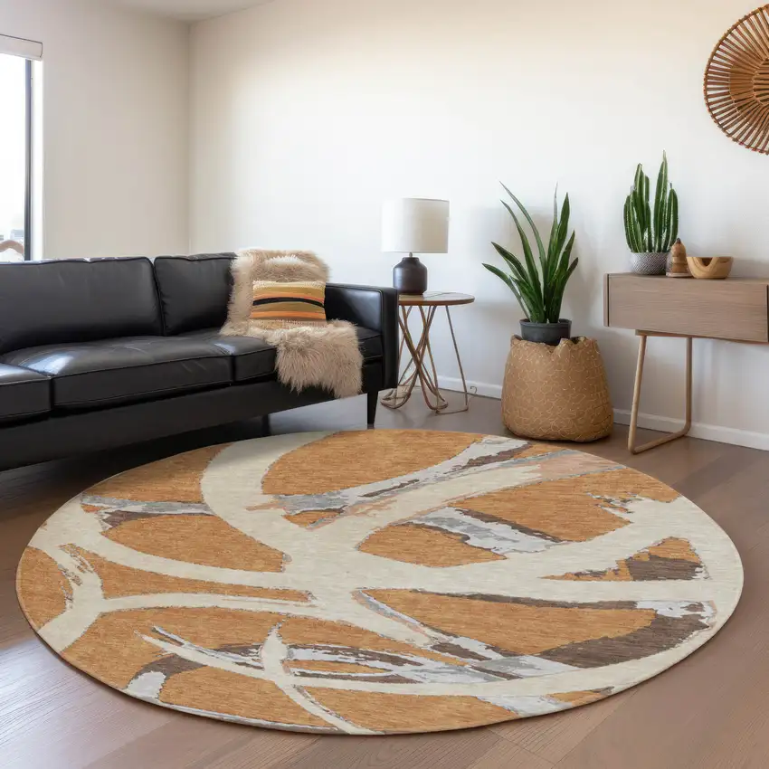8' Copper Beige And Gray Abstract Washable Round Rug With UV Protection Photo 4