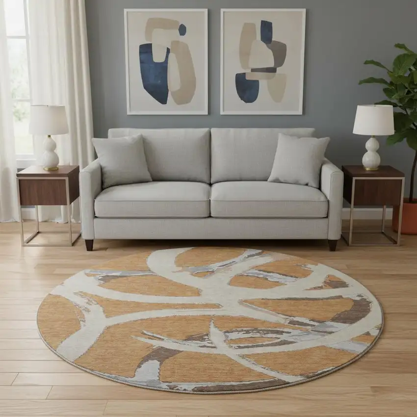 8' Copper Beige And Gray Abstract Washable Round Rug With UV Protection Photo 2
