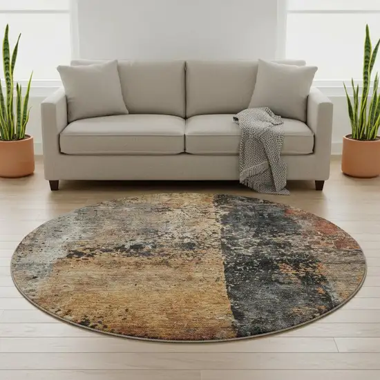 8' Copper Beige And Gray Abstract Washable Round Rug With UV Protection Photo 2