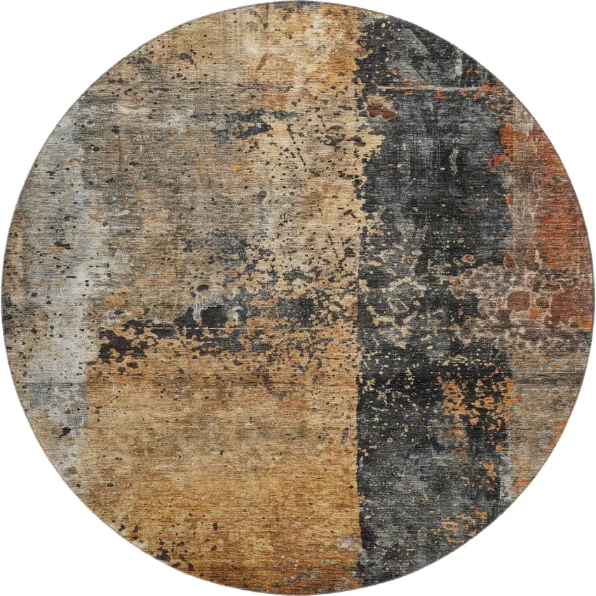 8' Copper Beige And Gray Abstract Washable Round Rug With UV Protection Photo 1