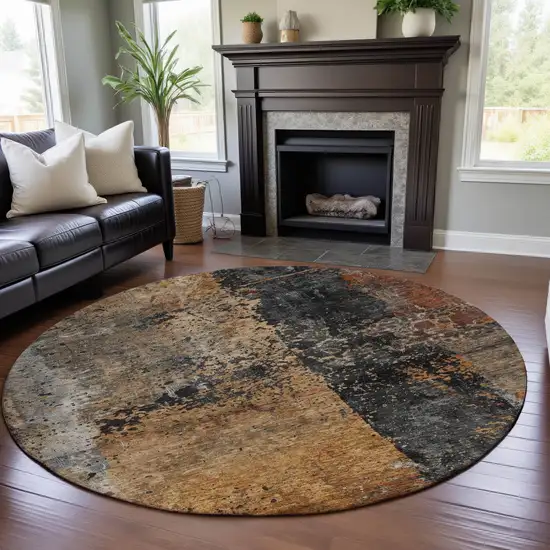 8' Copper Beige And Gray Abstract Washable Round Rug With UV Protection Photo 4