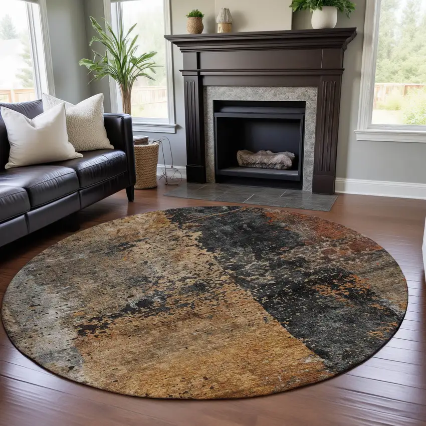 8' Copper Beige And Gray Abstract Washable Round Rug With UV Protection Photo 4