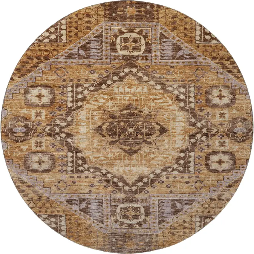 8' Copper Beige And Gray Diamond Washable Round Rug With UV Protection Photo 4