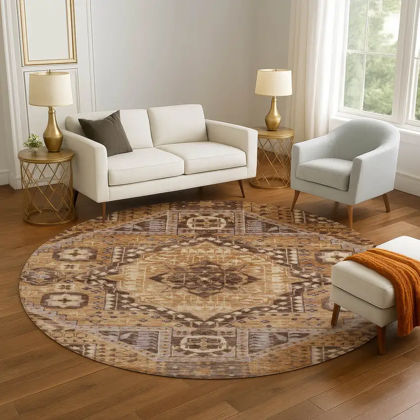 8' Copper Beige And Gray Diamond Washable Round Rug With UV Protection Photo 5
