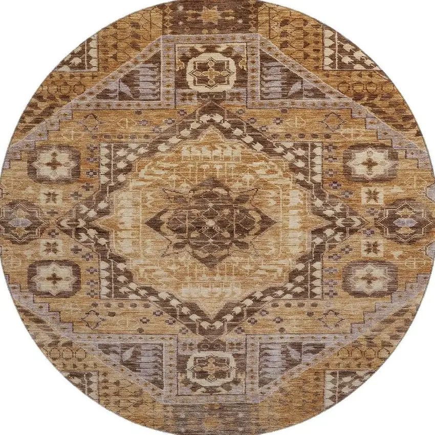 8' Copper Beige And Gray Diamond Washable Round Rug With UV Protection Photo 3