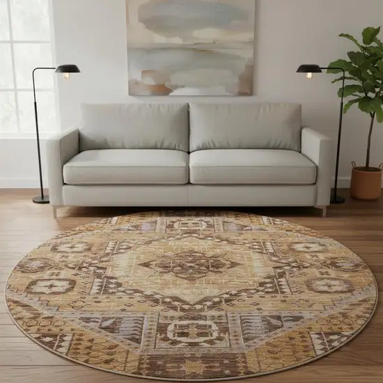 8' Copper Beige And Gray Diamond Washable Round Rug With UV Protection Photo 2