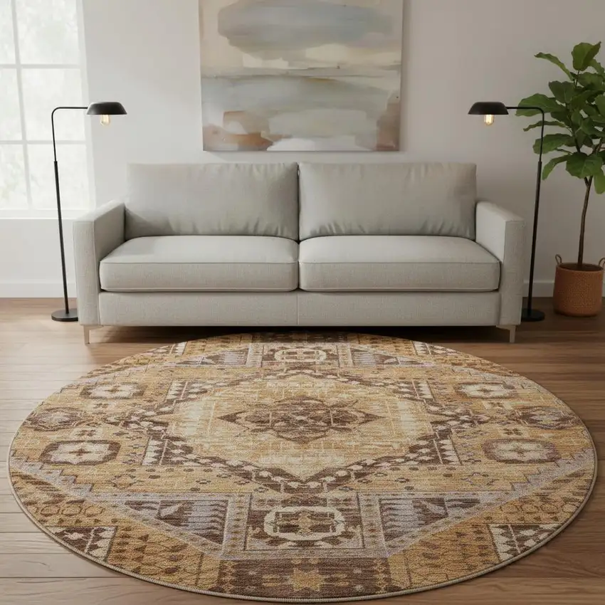8' Copper Beige And Gray Diamond Washable Round Rug With UV Protection Photo 2