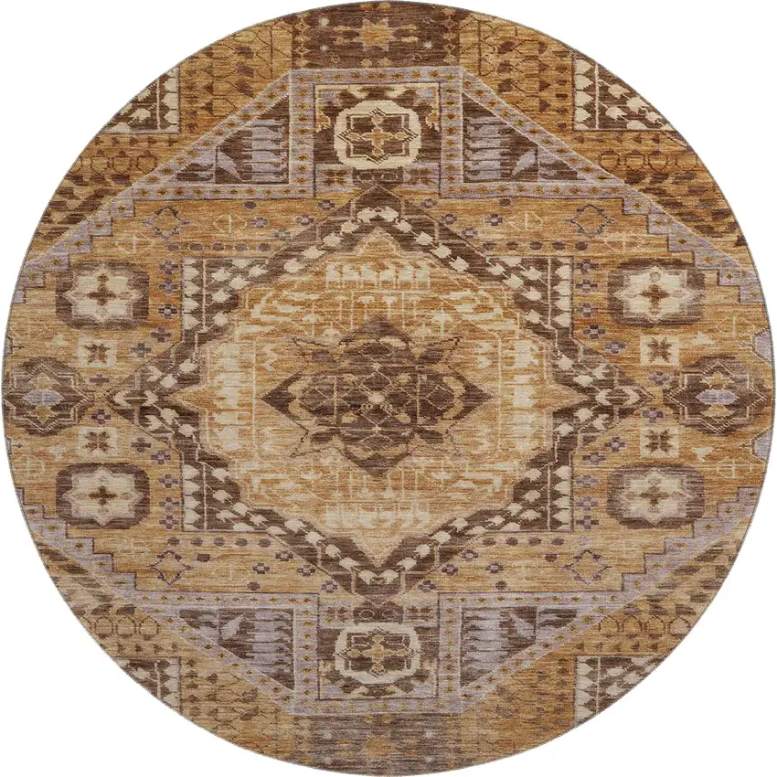 8' Copper Beige And Gray Diamond Washable Round Rug With UV Protection Photo 1