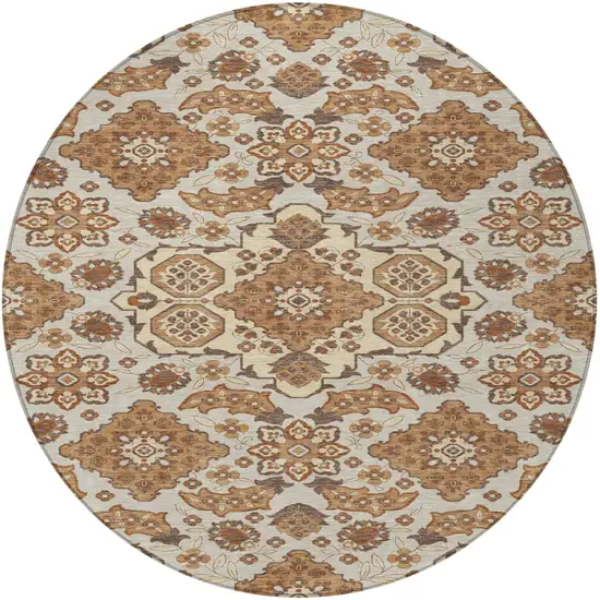 8' Copper Beige And Gray Round Medallion Washable Indoor Outdoor Area Rug Photo 3