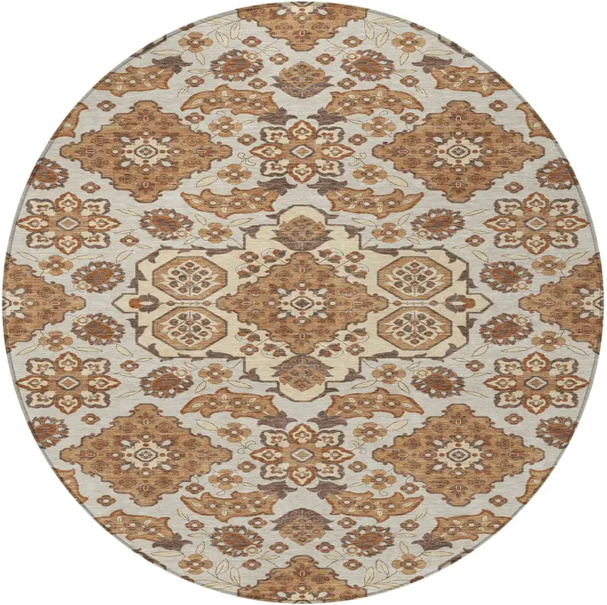 8' Copper Beige And Gray Round Medallion Washable Indoor Outdoor Area Rug Photo 3