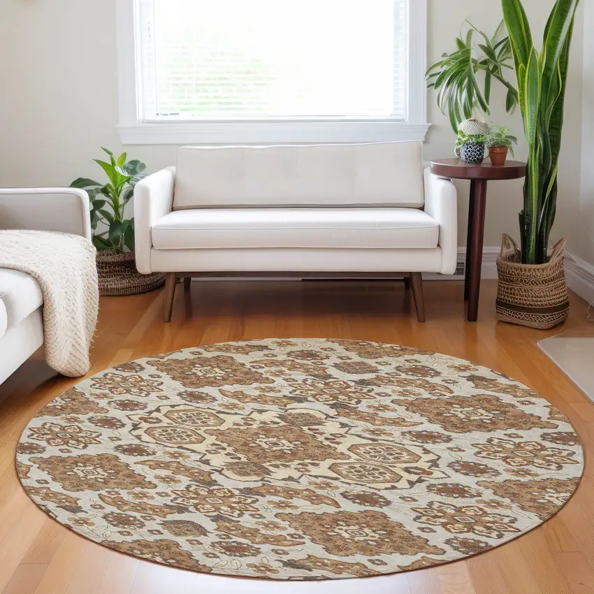 8' Copper Beige And Gray Round Medallion Washable Indoor Outdoor Area Rug Photo 6