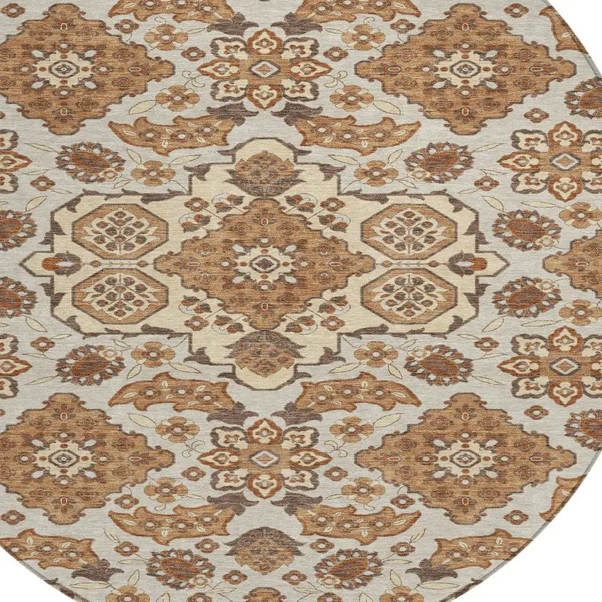 8' Copper Beige And Gray Round Medallion Washable Indoor Outdoor Area Rug Photo 7