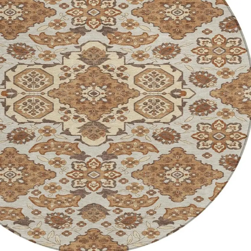 8' Copper Beige And Gray Round Medallion Washable Indoor Outdoor Area Rug Photo 4