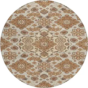 Photo of 8' Copper Beige And Gray Round Medallion Washable Indoor Outdoor Area Rug