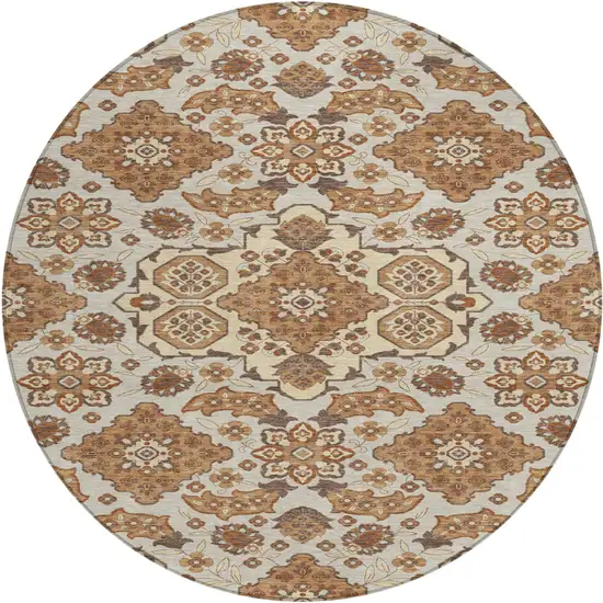 8' Copper Beige And Gray Round Medallion Washable Indoor Outdoor Area Rug Photo 1