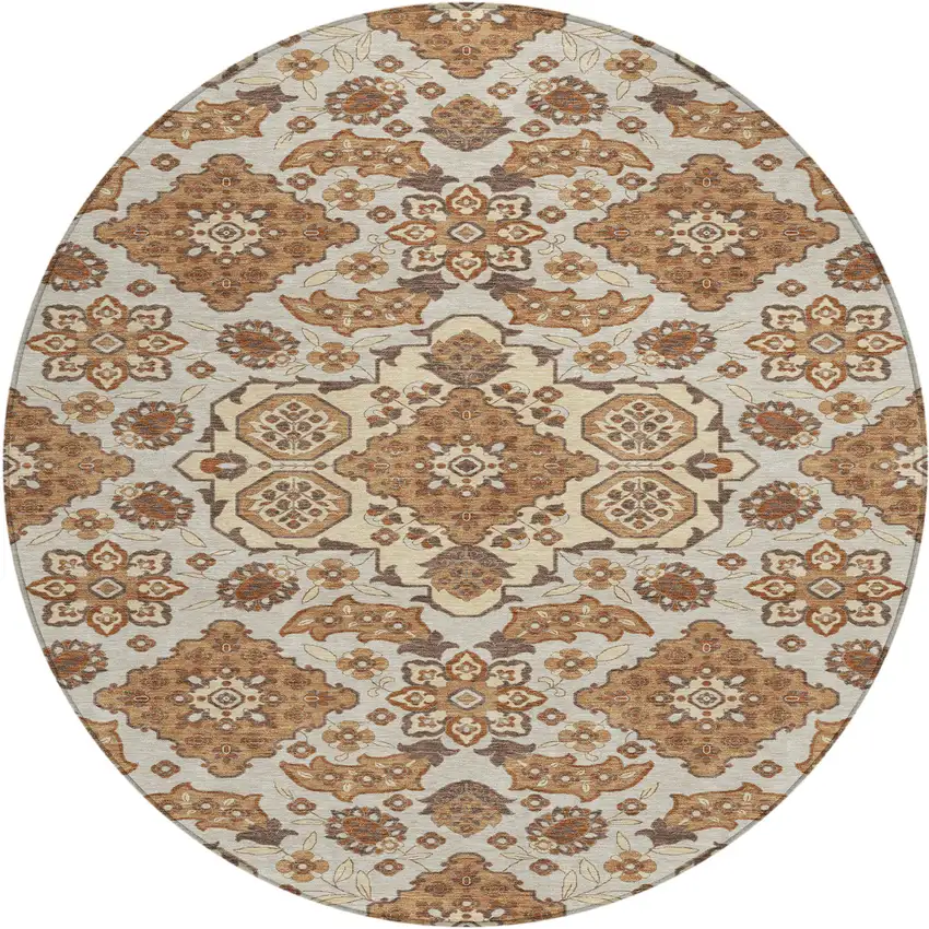 8' Copper Beige And Gray Round Medallion Washable Indoor Outdoor Area Rug Photo 1