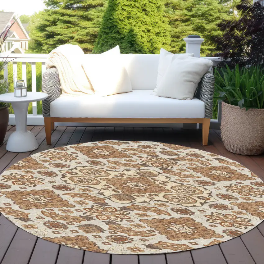 8' Copper Beige And Gray Round Medallion Washable Indoor Outdoor Area Rug Photo 5