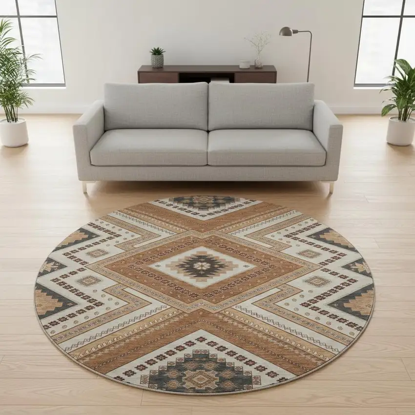8' Copper Beige And Gray Tribal Washable Round Rug With UV Protection Photo 2